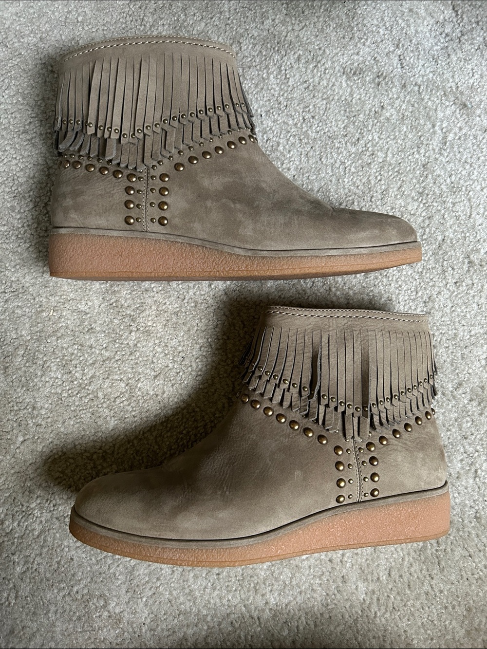 Fringe Studded Suede Ankle Boots - Taupe